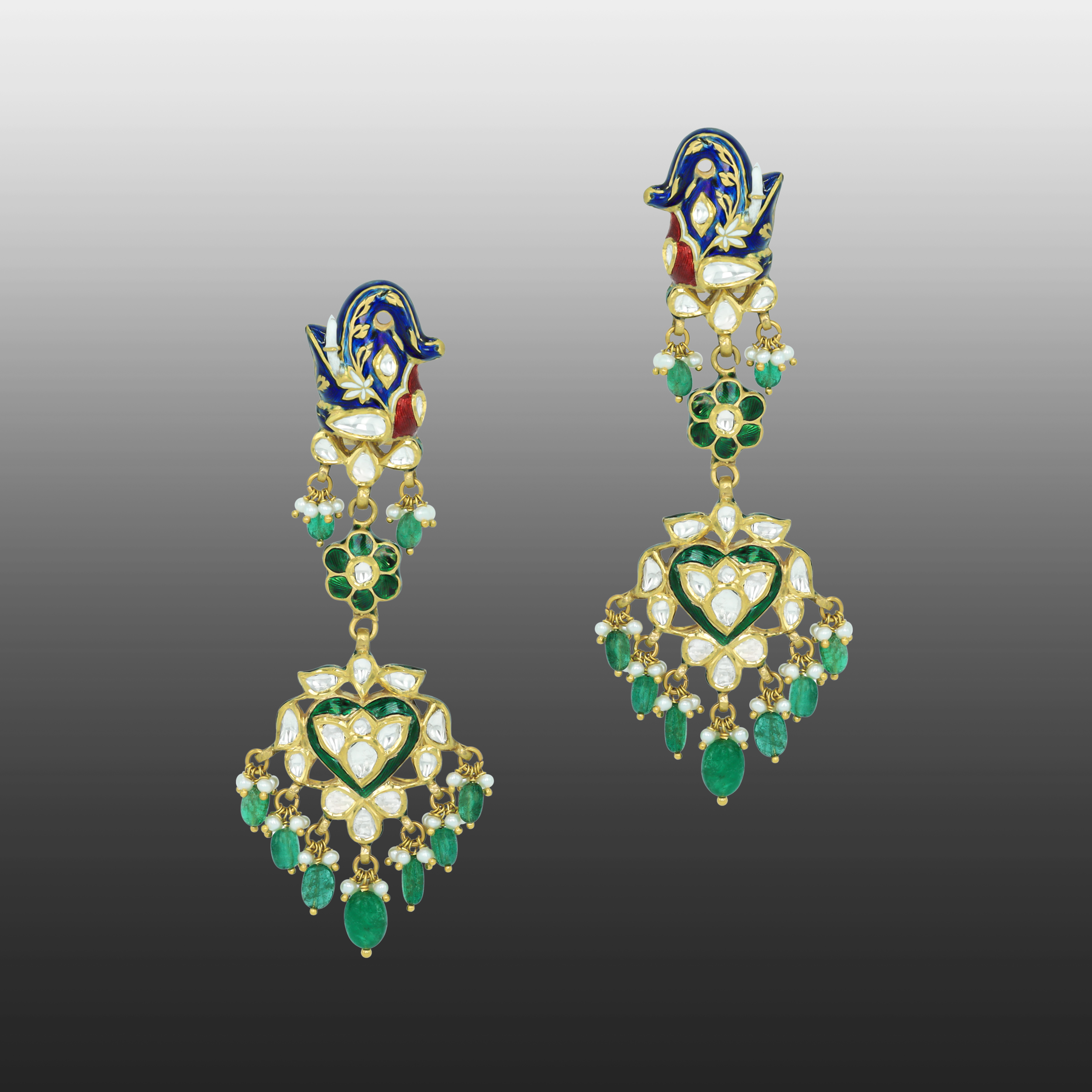 Earrings with Blue Enamel, Polki, and Emerald Drops